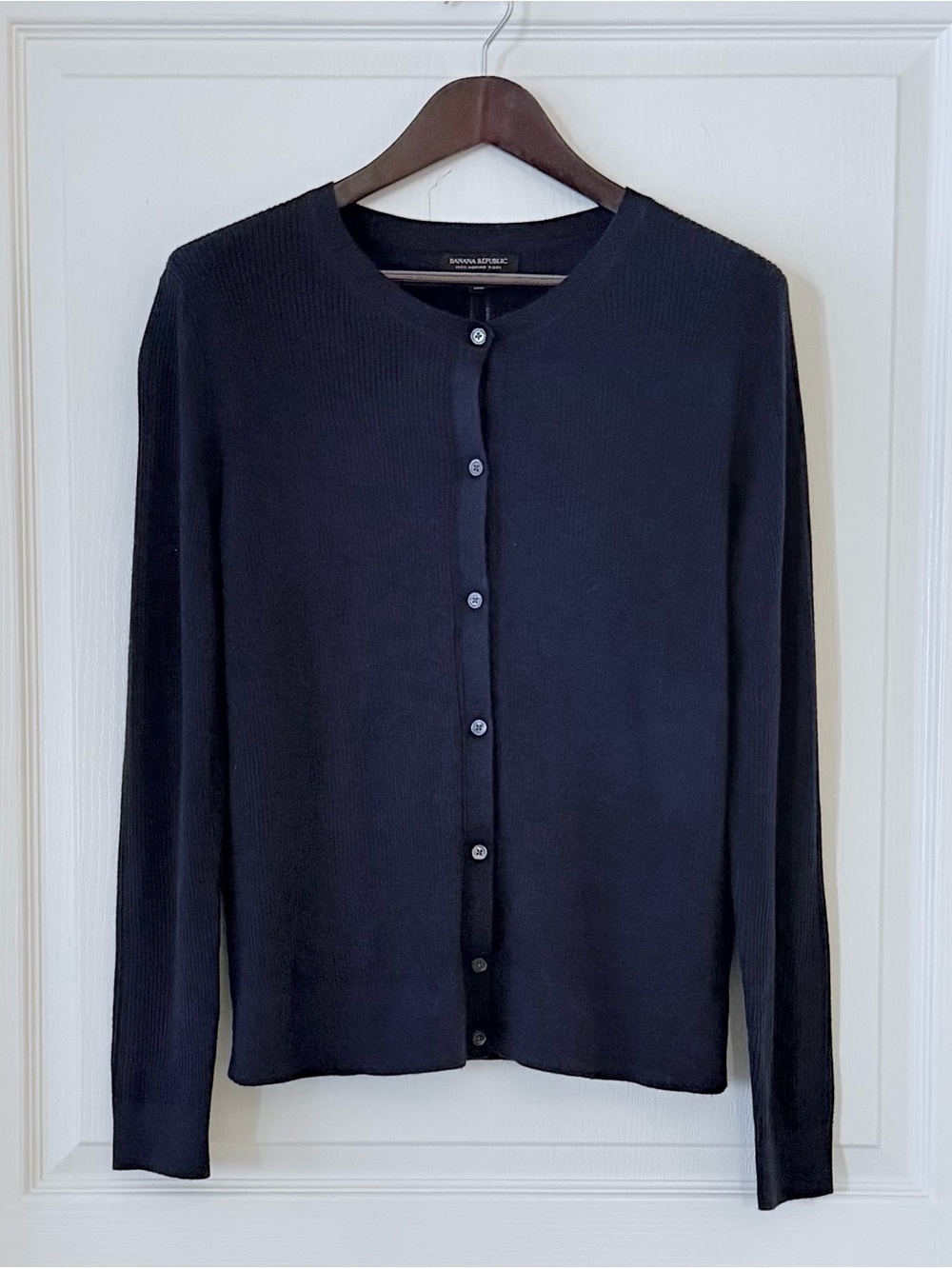 Banana Republic Navy Wool Button-Front Crewneck Cardigan